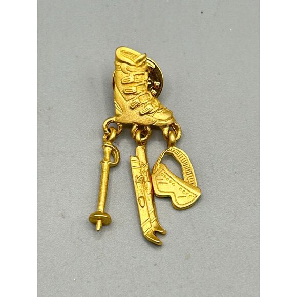 Vintage JJ Tack Pin Skiing Theme Ski Lover Matte Gold Tone Boot Ski Pole Goggles - Picture 2 of 5